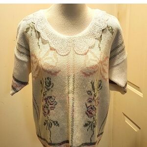 Vintage Peter Pan Collar Knit Sweater Cottage Core Bows Floral Short Sleeves